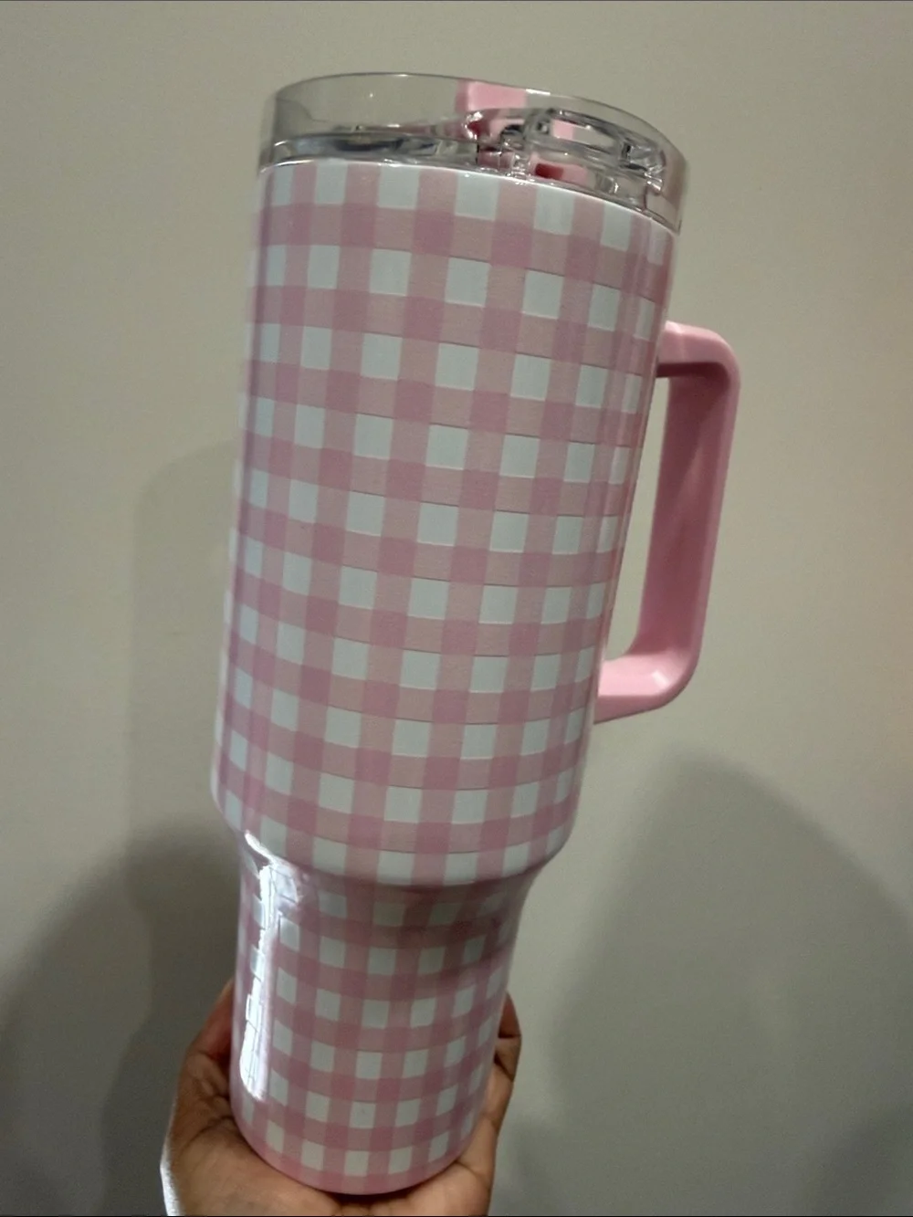 Pink Gingham Brand New Insulated Travel Mug Handle 42 oz gift fall cottagecore